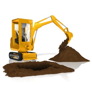 A stick figure in an excavator digs a hole and puts the dirt in a pile.