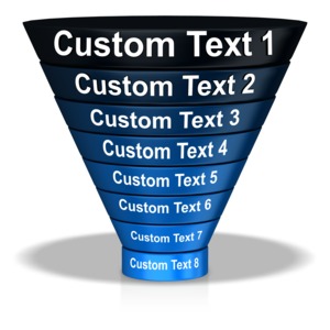 An eight segment funnel demonstrates a flow or process from a large amount to a smaller amount with space for custom text.