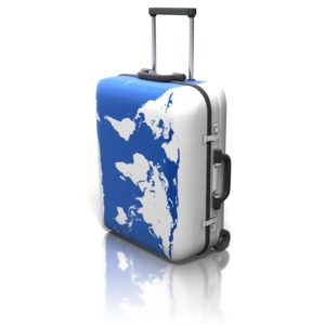 A piece of luggage with a world map on it.