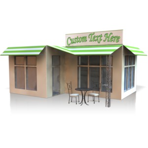 This clip art image shows a store with a blank sign on top to put your custom text.