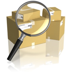A magnifying glass searching shipping boxes.