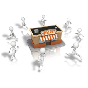 An image of a mob of stick figures running toward a store.