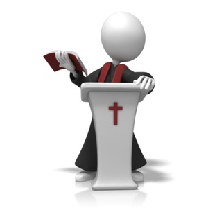 A pastor holds up the Bible and give the message from the pulpit.