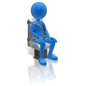 A stick figure sits in a car passenger seat wearing a seat belt.