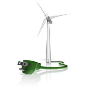 An electric cord runs from a wind turbine. This clip-art can represent green energy sources.