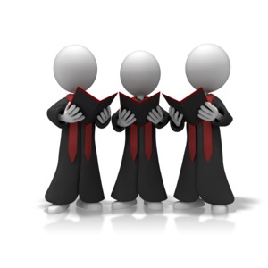A group of three stick figures wearing choir robes and holding music books. 