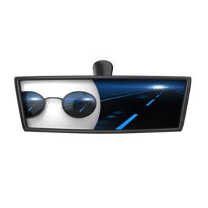 A reflection of a stick figure in a rear view mirror in a car.