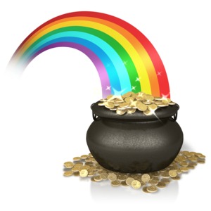 An image of a rainbow leading to a pot of gold.