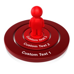 A stick figure stands in the center of a target. Around the outer rings there is room to put your custom text.