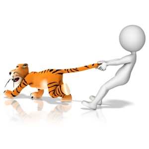 A figure grabs a tiger by its tail.  This image displays the idiom grab a tiger by the tail.