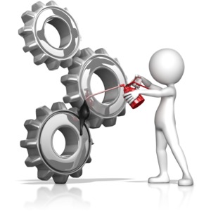 A figure uses a oil can to put lube on some gears.