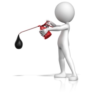 A figure squeezes our a drop of oil with an oil can.