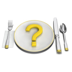A question mark sits in the center of a place setting in this nutrition concept clipart.