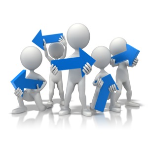 A group of stick figures each holds an arrow indicating a different direction, avenue of travel, or conflicting opinion.