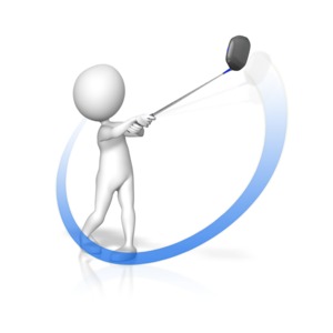 This clip art shows a figure swinging a golf club with a colored line of action following the path of the club head.