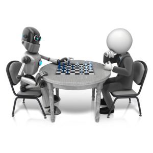 An image of robot and stick figure playing chess.