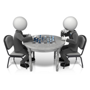 An image of a stick figure playing another in chess.