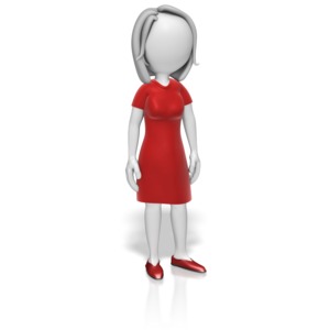A stick woman stands in a red dress.