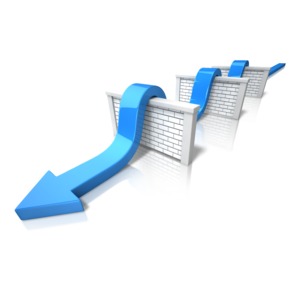 An image of an arrow jumping over three consecutive walls.