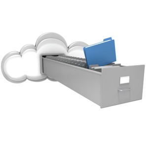 A computing cloud with a file cabinet drawer coming out from it and a colored file being put in or taken out.