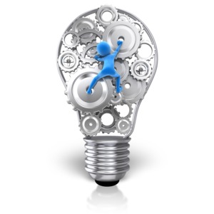 Stickman 2 Thing Gears Bulb Idea Stock Photo - Alamy