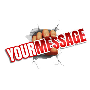 A hand holding a word punches through the background.  Change the text the hand is holding using our customizer.  CAPITAL letters work the best in this image.