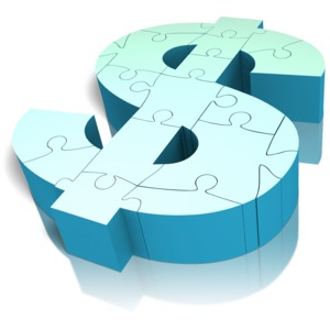 An image of dollar sign created from puzzle pieces.