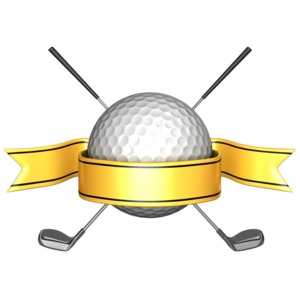 A golf ball with two clubs crossed behind and a banner wrapping around it.