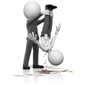 A figure in a suit holds another figure upside down causing money to fall out of its pockets.