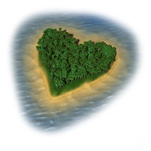 A deserted tropical island in the shape of a heart.