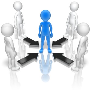 A group stands around arrows pointing to their leader.