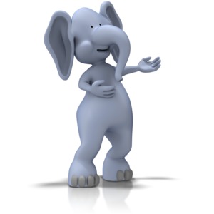 A 3D cartoon elephant gestures to the right in this animal clipart.