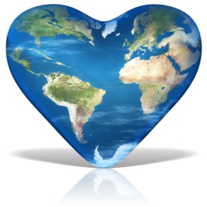 A heart shape with the earth on it.  This image can be used in observance of Earth Day.