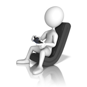 A stick figure sits in a gaming chair playing a video game.