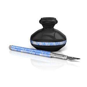 This clip art image shows a fountain pen lying next to a ink well bottle.