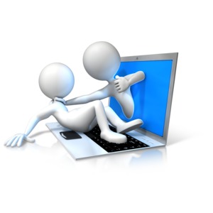 An image of a bully coming through the computer screen harassing someone.