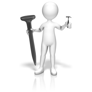 A stick figure holds a small hammer and a huge nail. This clip-art represents when you have the wrong tool for the job.