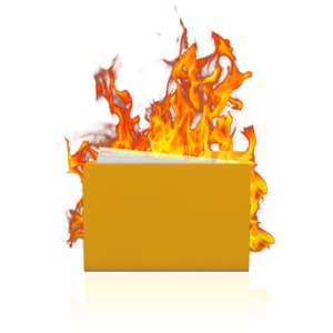 A folder holding paperwork with flames rising. This can represent information being destroyed.