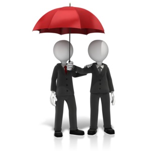 An image of a business figure holding an umbrella over another.