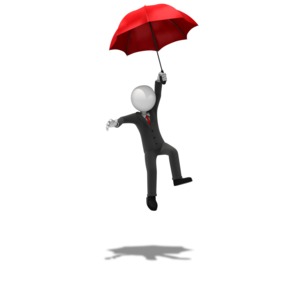 An image of a stick figure floating down with the use of an umbrella.