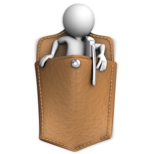 This clip art image shows a figure stuck in someones pocket.  This image displays the idiom &quot;Got Someone in Your Pocket&quot;.