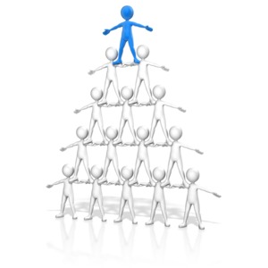 A group of figures form a human pyramid. This clip-art can represent the hierarchy of leadership
