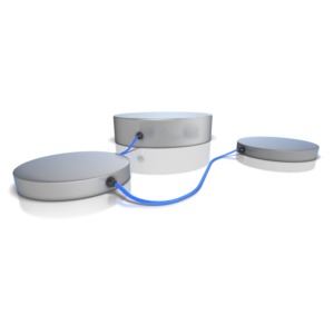 Three platforms increasing in side connected by a colored tube.