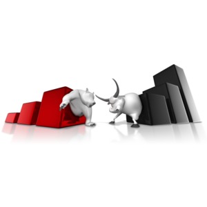 The Wall Street bear and bull emerge in fighting stances from two bar graphs.