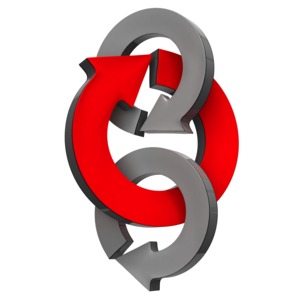 Three intersecting circle arrows with the center colored one standing out.