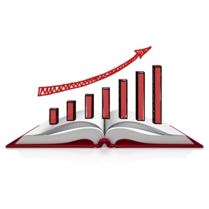 An image of a book with a drawing of a financial graph and arrow.