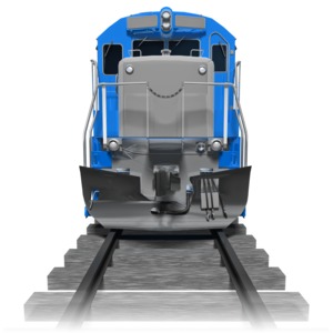 A head-on shot of a train on the tracks.