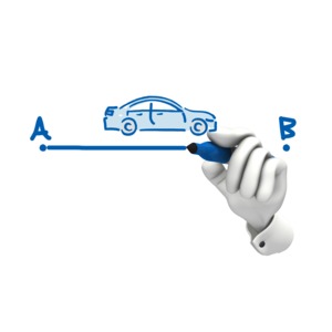 An image of a hand drawing a line from A to B with a car above.