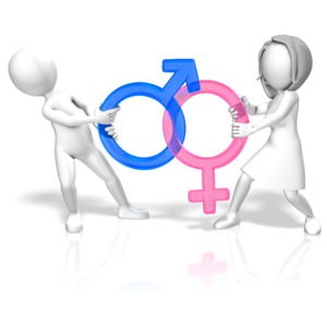 A man and woman pull on symbols that represent their gender. This clip-art can represent the struggle between men and women.