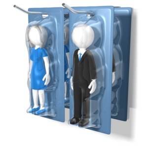 Packaged figures of male and female business people hanging on a rack. This clip-art can represent people as a commodity.